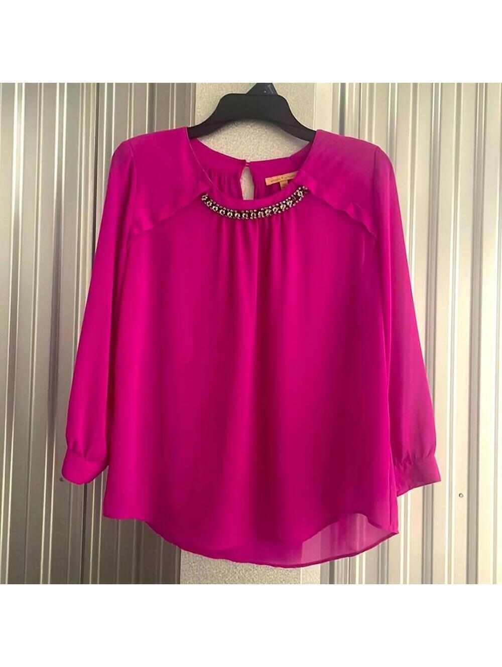 Gibson Latimer Magenta Pink Jewel Neckline Sheer Blouse Work Career